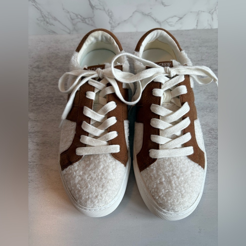 J.Crew Striped Sherpa Road Trip Sneakers-Size: 8-Color: White/Brown-Preowned EUC